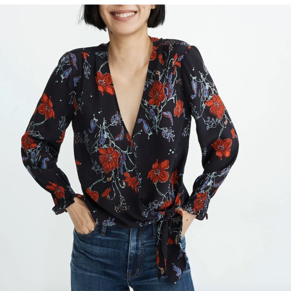Madewell 100% Silk Floral Smocked-Sleeve Wrap Top L
